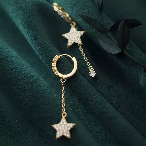 NEW 18K GOLD DIAMOND STAR WATER DROP EARRINGS, NICE EARRINGS, CUTE EARRINGS - Picture 2 of 7